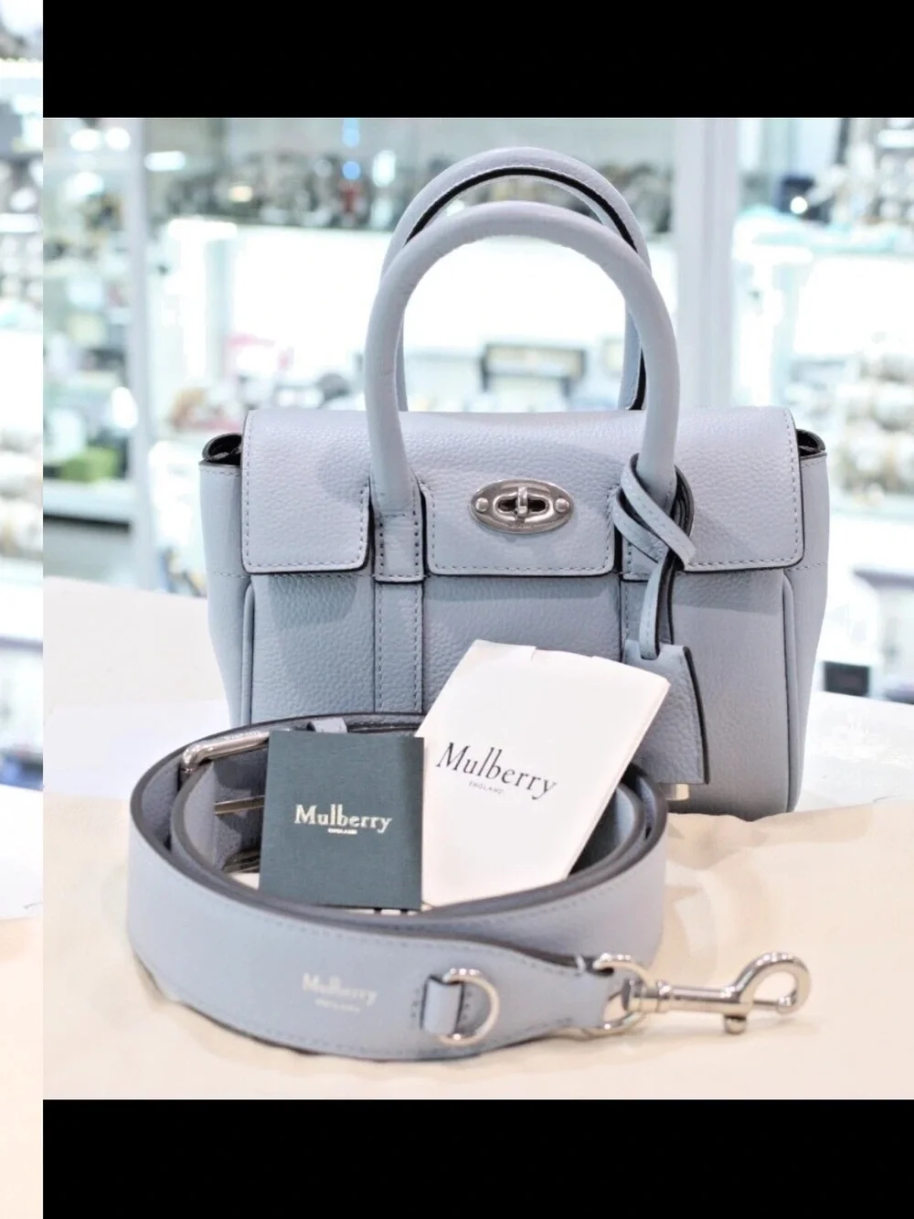 Mulberry Light Blue Leather Top-Handle Satchel with Detachable Strap